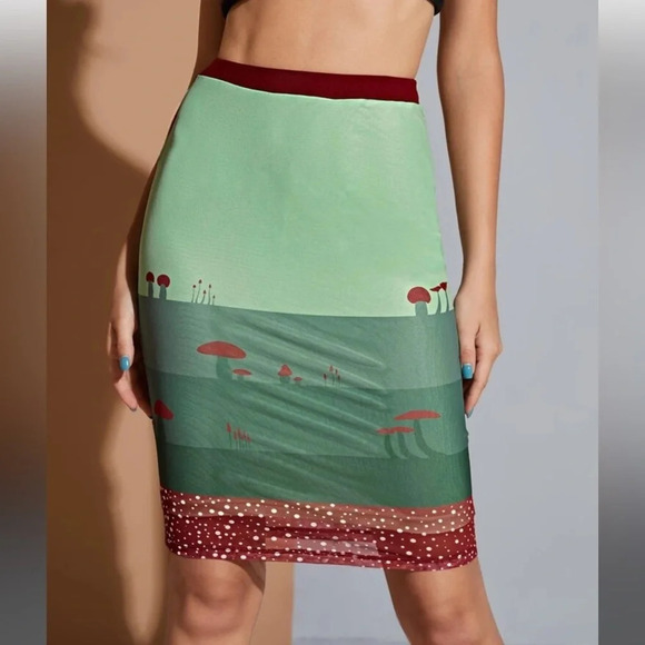 SHEIN X SQUID HOUSE Mushroom Mesh Pencil Skirt, Multi, Size Small (4), NWT - Picture 2 of 12